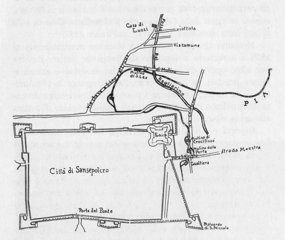 La Reglia dell’Afra e i suoi mulini nella pianta generale della città di Sansepolcro del 1699