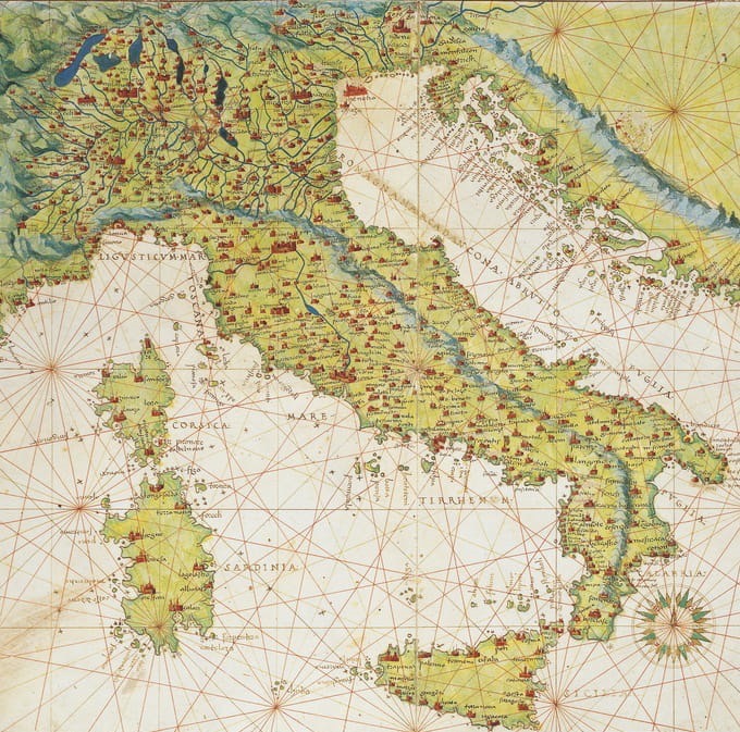 Carta dell’Italia contenuta nell’“Atlante nautico” del 1553 di Battista Agnese.