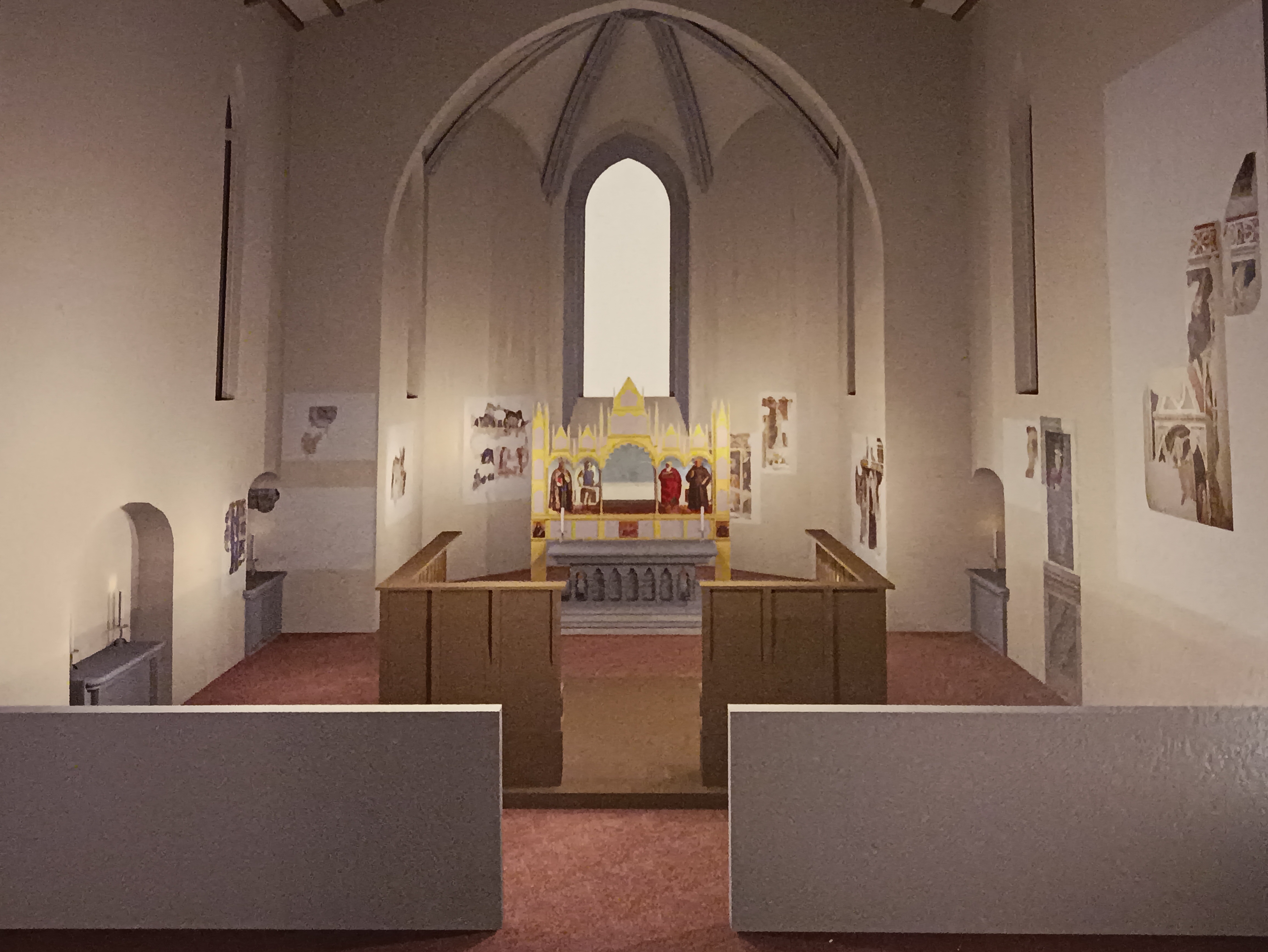 Il polittico di Piero della Francesca all’interno dell’antica chiesa di Sant’Agostino (rendering di Giorgio Guazzini)