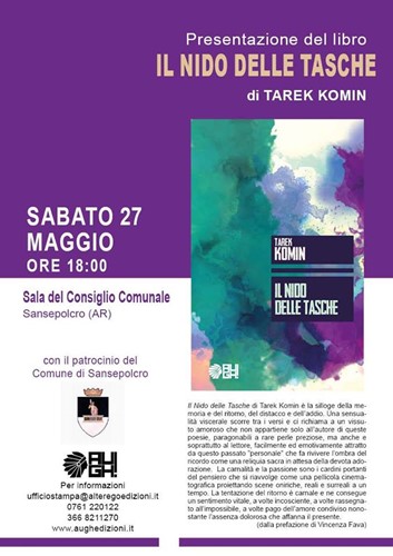 "Il Nido delle Tasche", sabato 27 maggio Tarek Komin presenta il suo ultimo libro. L’autore biturgense presenta la sua raccolta di poesie. Appuntamento alle 18:00 a Palazzo delle Laudi - Cultura | TTV.it