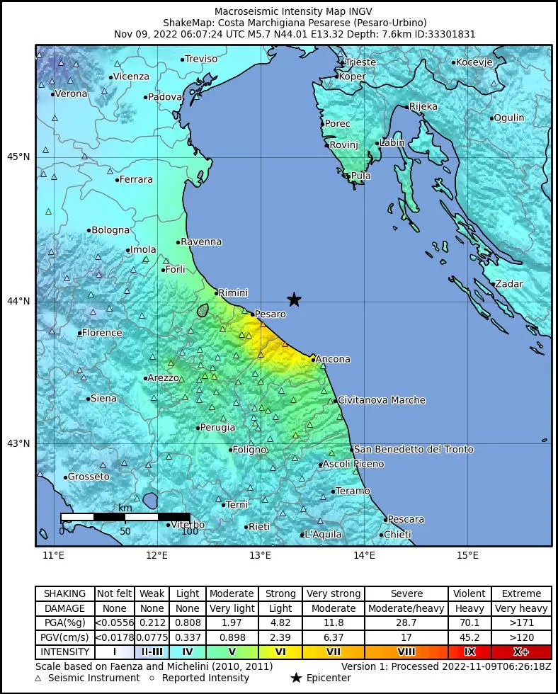 Terremoto, forte scossa avvertita anche in Altotevere e Valtiberina 1 Mappa di scuotimento