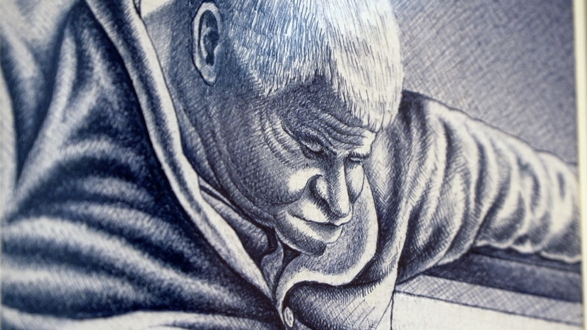Ritratto di uomo con capelli bianchi, 1965, biro blu su carta di quaderno a quadretti