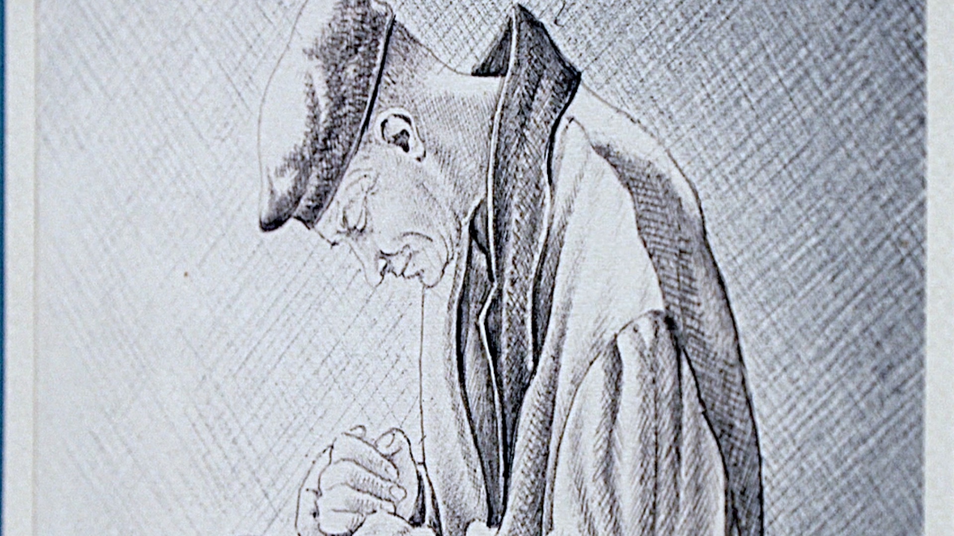 Uomo seduto con cappello, 1965, biro blu e nera su carta bianca