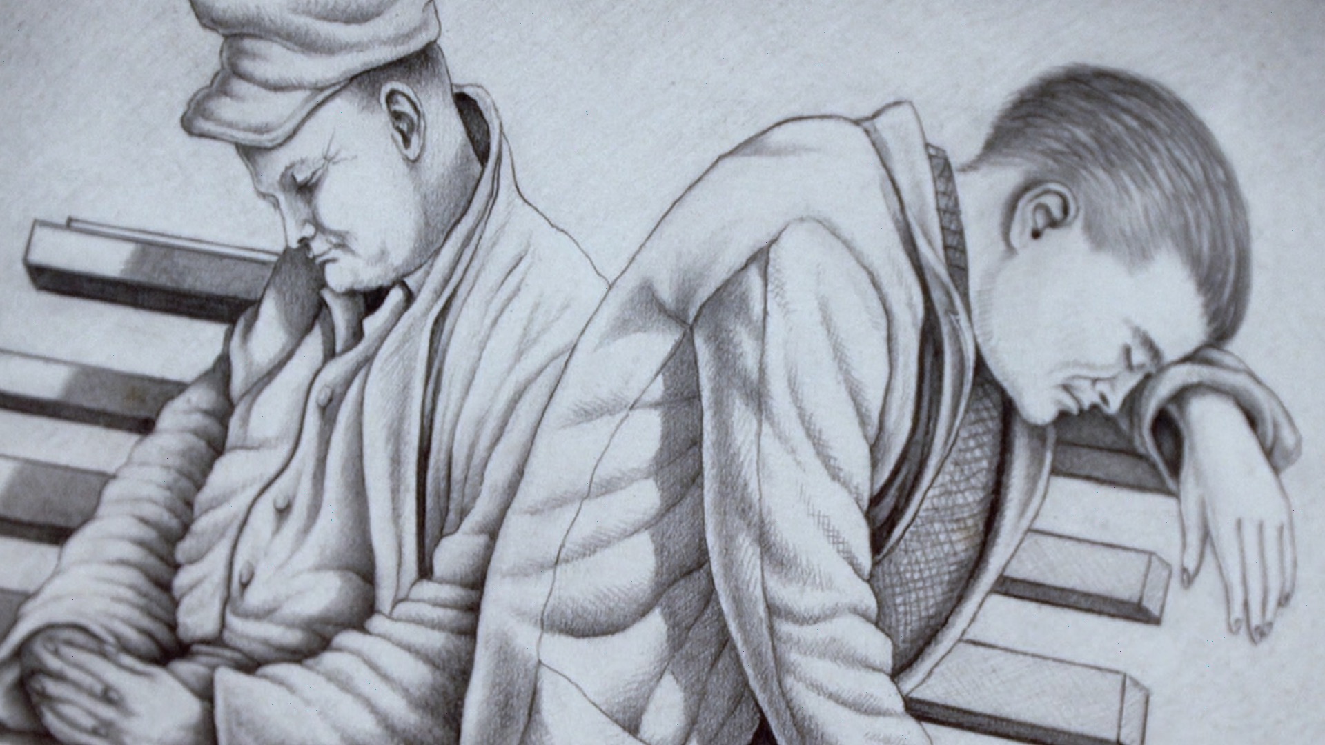 In due sulla panchina, 1964, matita nera e lapis di grafite su carta bianca