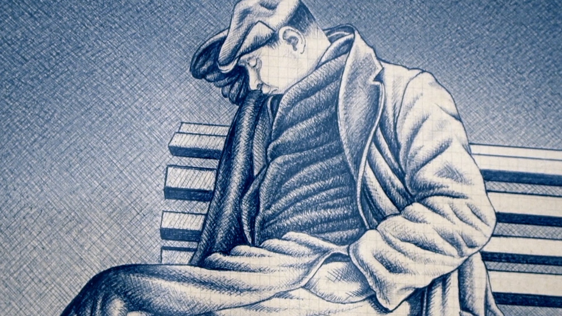 Ritratto di uomo addormentato su una panchina, 1962, biro blu su carta di quaderno a quadretti