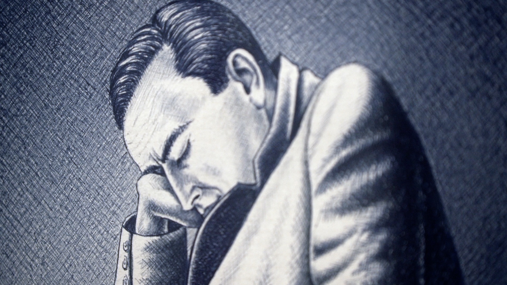 Uomo seduto sulla panchina, 1964, biro blu e gessetto bianco inumidito su carta di quaderno a quadretti