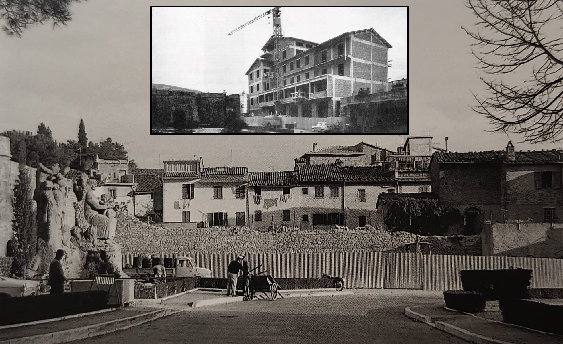 Abbattimento delle antiche mura nell'area dell'attuale autostazione (1959-1960). La foto, originariamente appartenente a Piero Acquisti, è stata reperita nel volume G. BINI, Sansepolcro. Immagini di un secolo, Petruzzi Editore, 1997. Nel riquadro piccolo è stato riportato uno scatto che era stato pubblicato nel numero de Il Cavatappi di dicembre 1966.