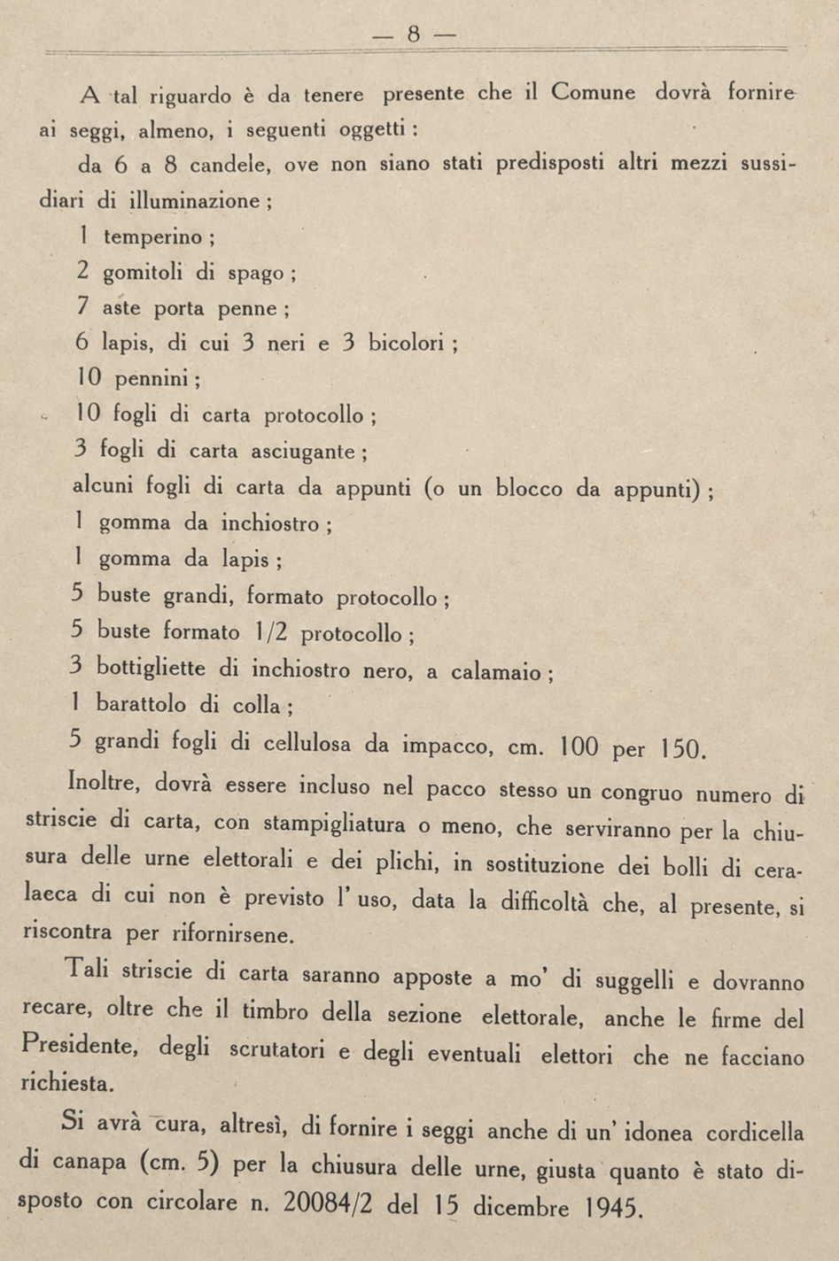 Il 2 giugno 1946 a Sansepolcro, nell’anno del voto alle donne 3 Elenco del materiale che il comune era tenuto a fornire ai seggi elettorali