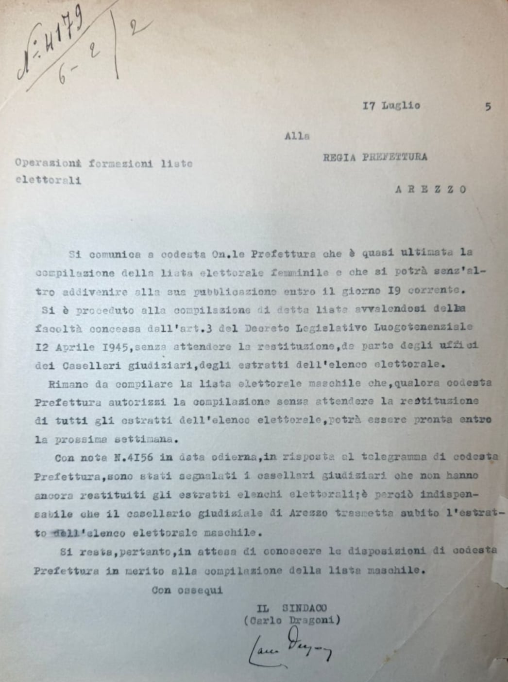 Il 2 giugno 1946 a Sansepolcro, nell’anno del voto alle donne 2 Comunicazione del sindaco di Sansepolcro alla Prefettura (17 luglio 1945) in merito alla compilazione della lista elettorale femminile
