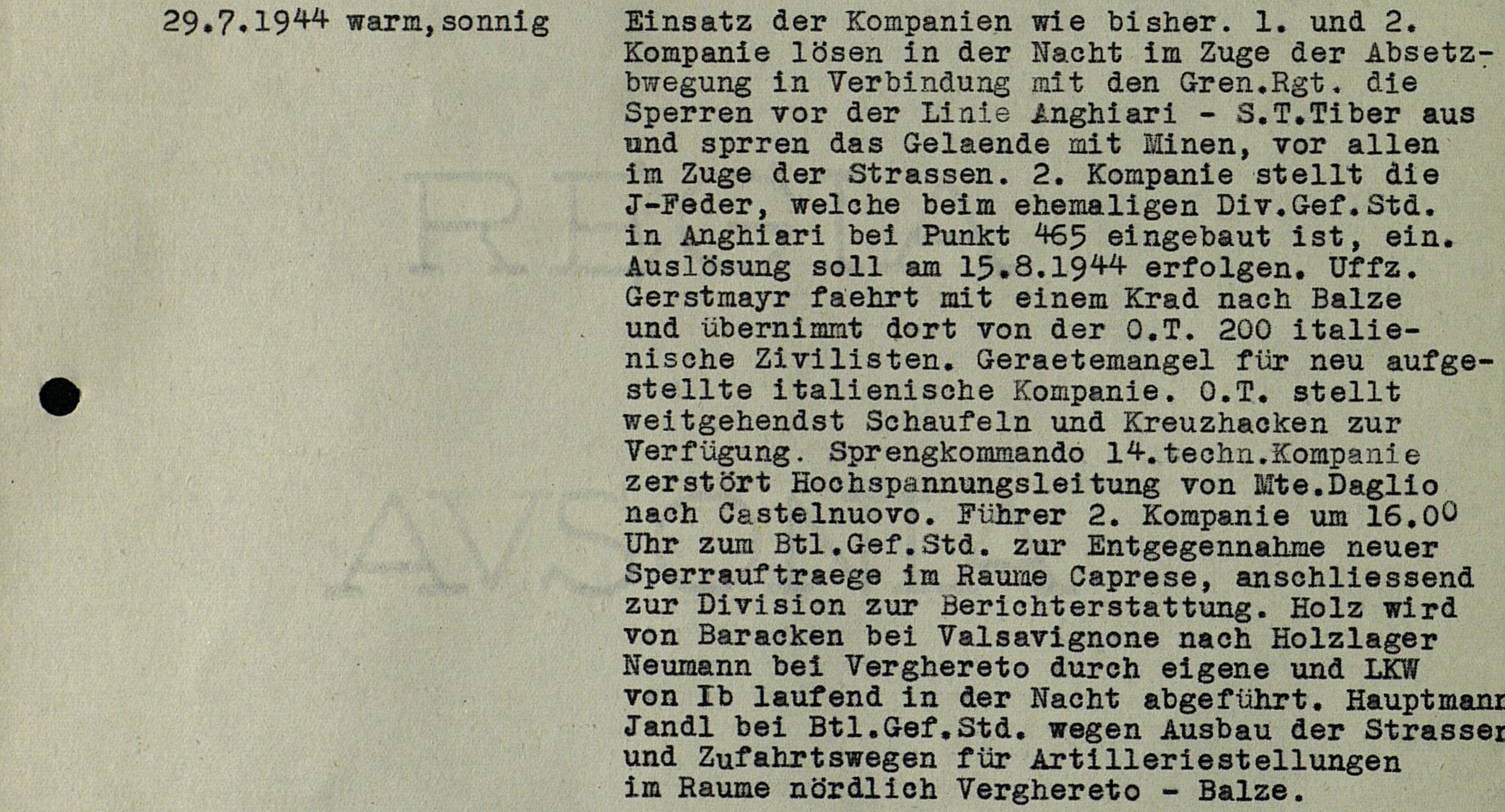 Strage della Caserma di Anghiari, le prove definitive: furono i tedeschi 4 Pagina del diario di guerra dell’80º Battaglione Pionieri relativa al 29 luglio 1944. Il testo registra la regolazione, da parte della 2ª Compagnia, della J-Feder installata presso l’ex posto di comando della Divisione a quota 465, identificabile con Villa Sterpeto (dettaglio di CAMO, 500/12483/23, p. 59).