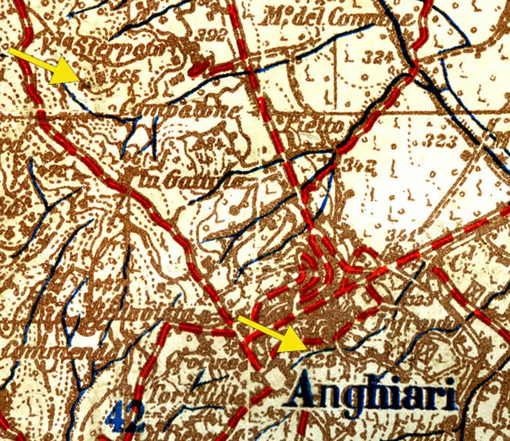 Strage della Caserma di Anghiari, le prove definitive: furono i tedeschi 1 Dettaglio di una carta britannica che mostra Villa Sterpeto a quota 465 e Anghiari a quota 429